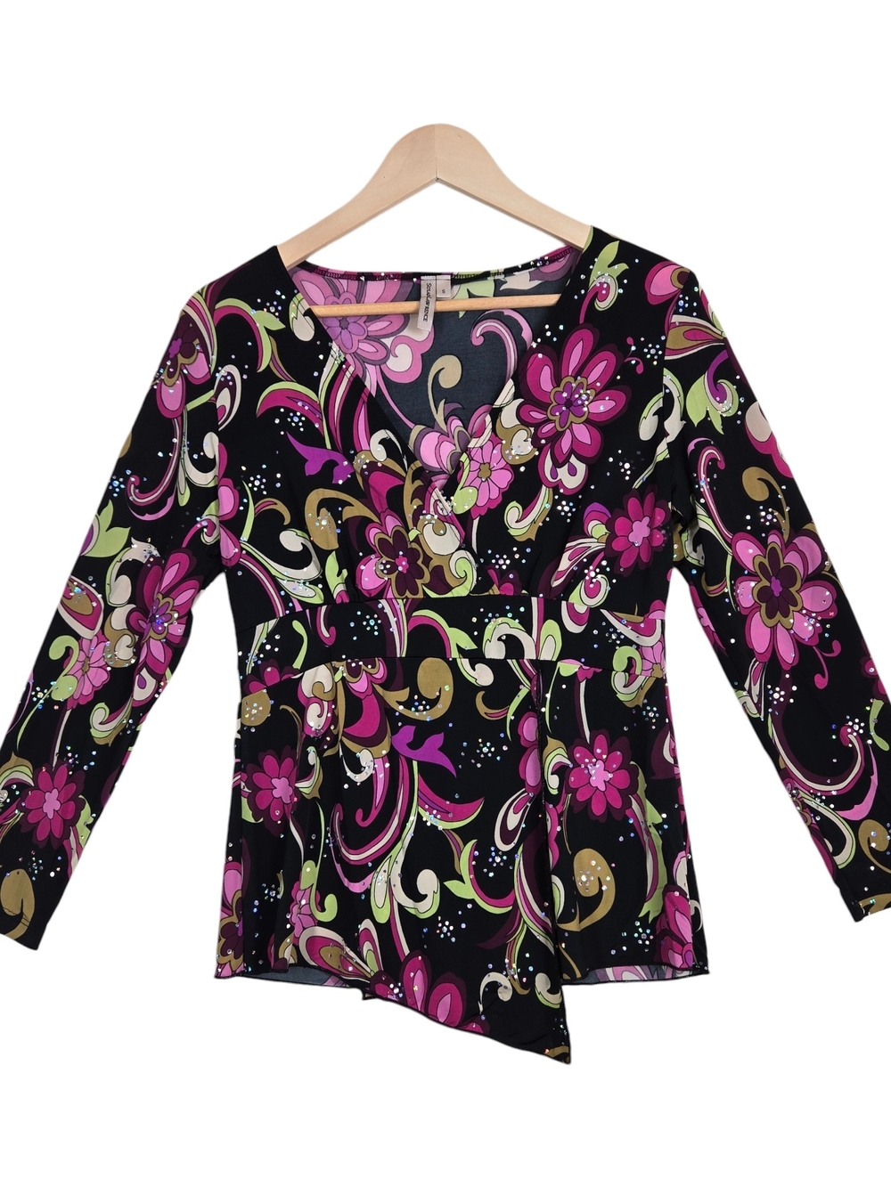 Y2K Vintage Susan Lawrence Floral Paisley Asymmetrical Top S Black Pink Sparkle
